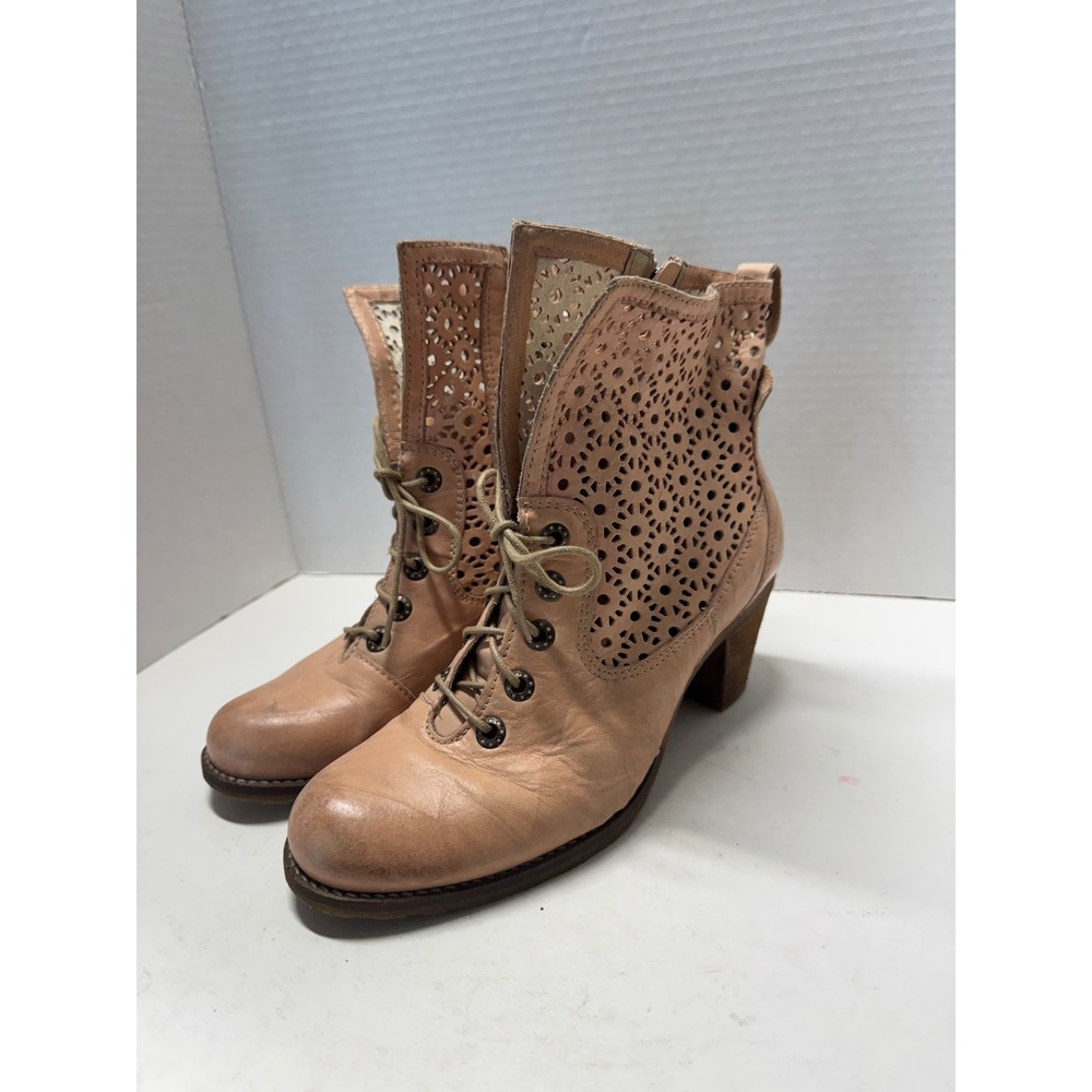 Dromedaris‎ Tan Leather Lace Up Ankle Boots Side Zip Portugal Size 39 8.5